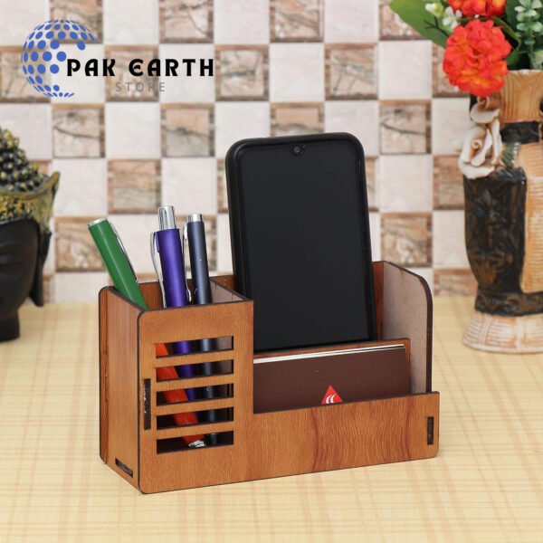 Stand with Visiting Card & Mobile Holder Wooden Desk Organizer | Pen and Pencil Stand for Office Table