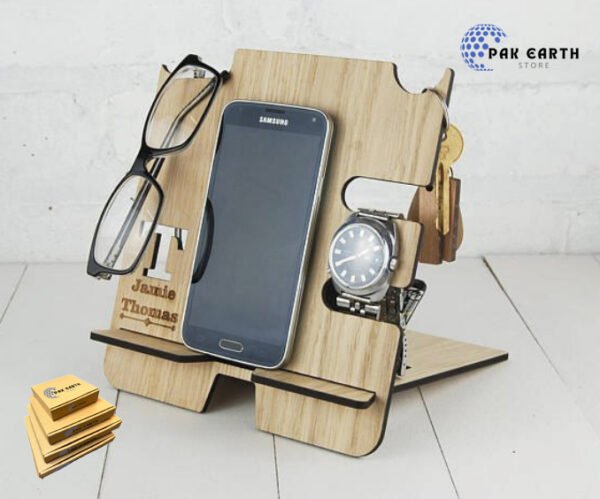 3D Wooden Wall Hanging Mobile Docking Station with Key Holder Glasses Stand and Watch Organizer