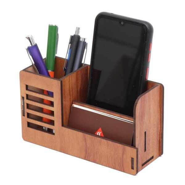 Stand with Visiting Card & Mobile Holder Wooden Desk Organizer | Pen and Pencil Stand for Office Table - Image 2