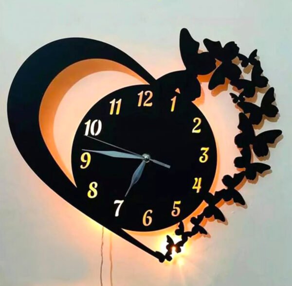 Wooden 3D WALL HEART CLOCK With Light